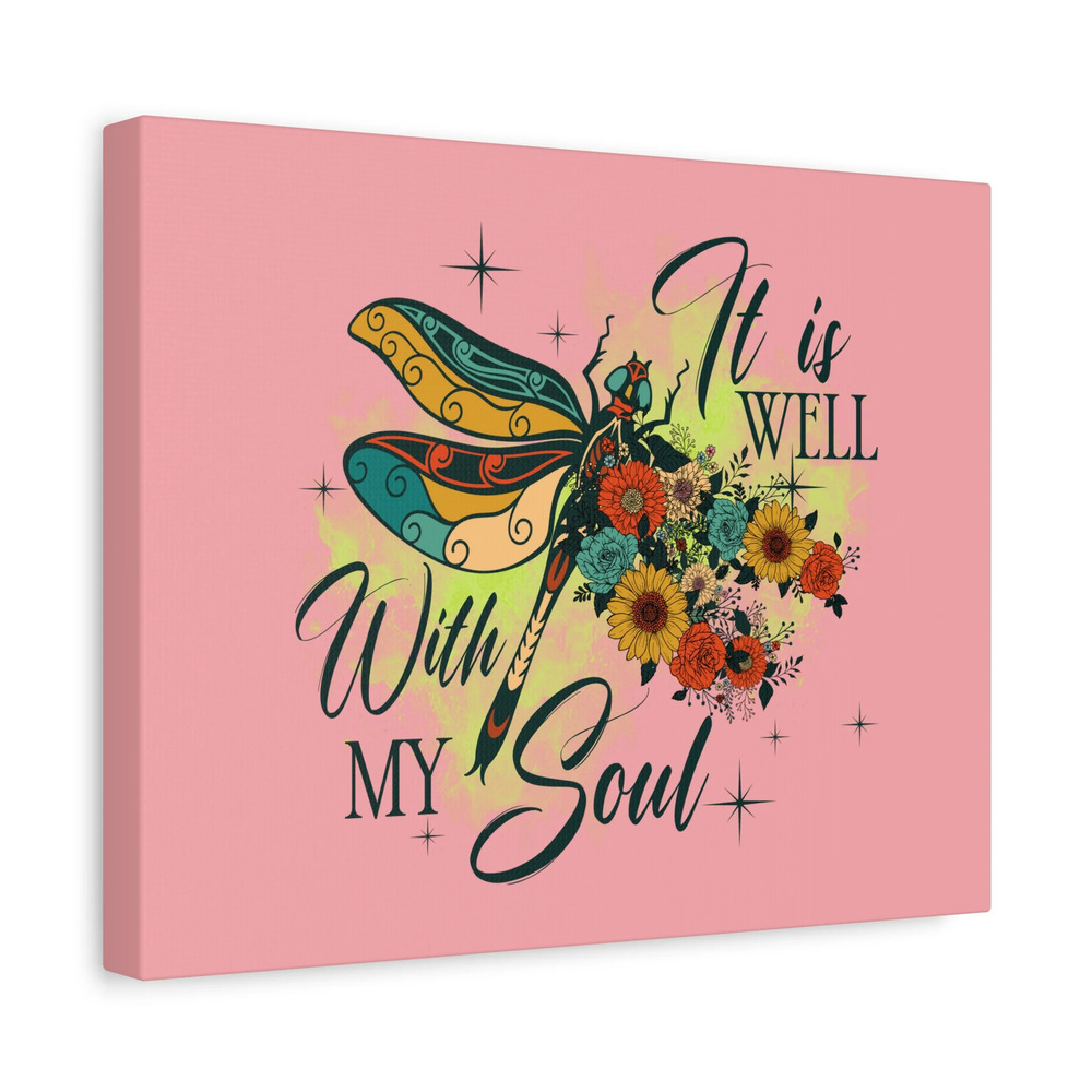 Scripture Canvas It Is Well Psalm 42:7 Dragonfly Green Christian Wall Art Bible